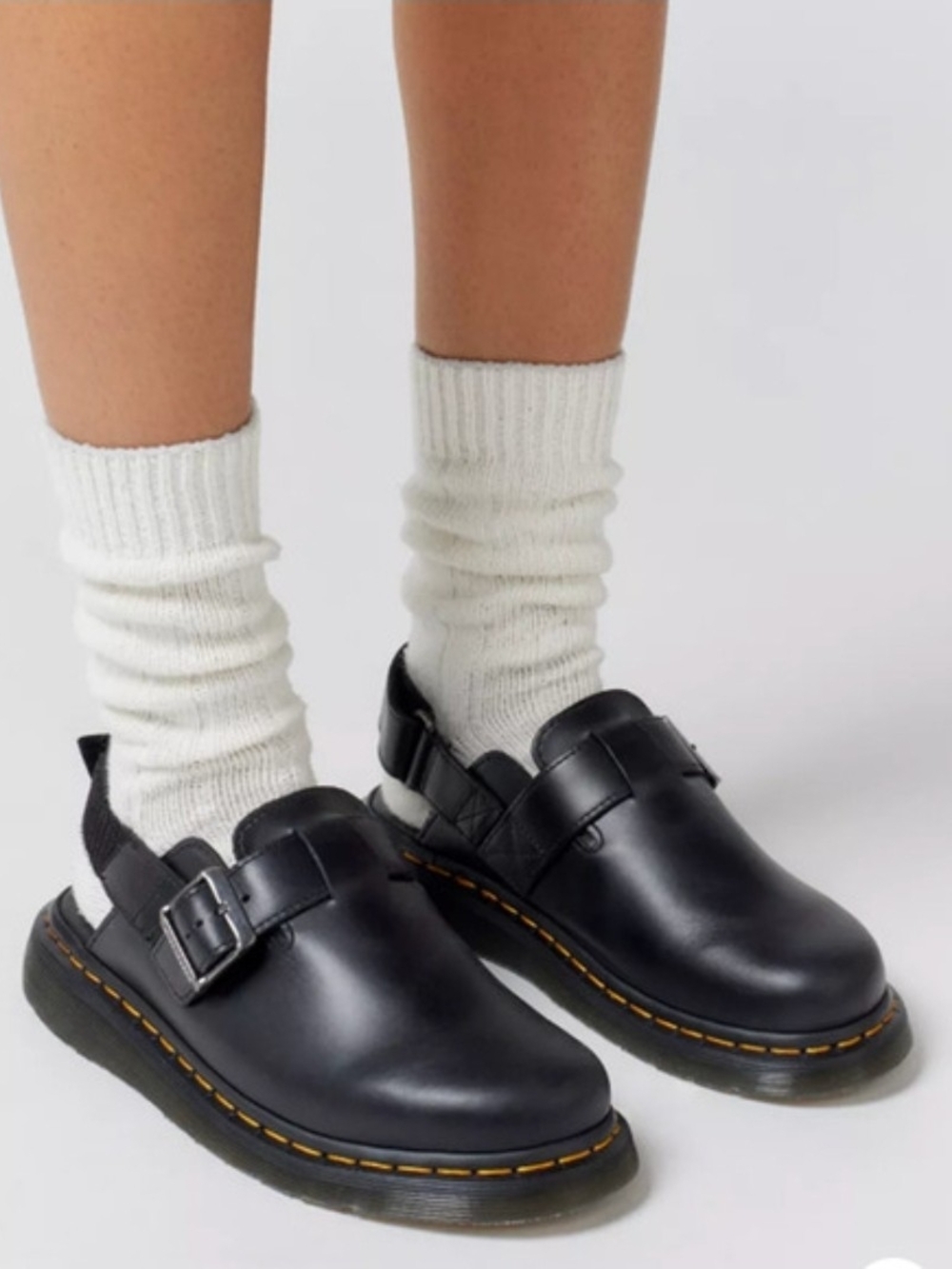 Dr. Martens Black Leather Buckle Mule with Yellow Welt Stitching